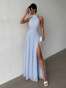 Elegant Blue Ruched Waist Backless Maxi Dress, Suitable For Weddings, Parties, Beach Vacations, Outings, Summer Events, Graduation Party - Baby Blue - View 1