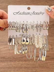 1-24pcs/Set European & American Fashion Round Pearl Hoop Earring Assorted Set - Hoop Earrings - View 1