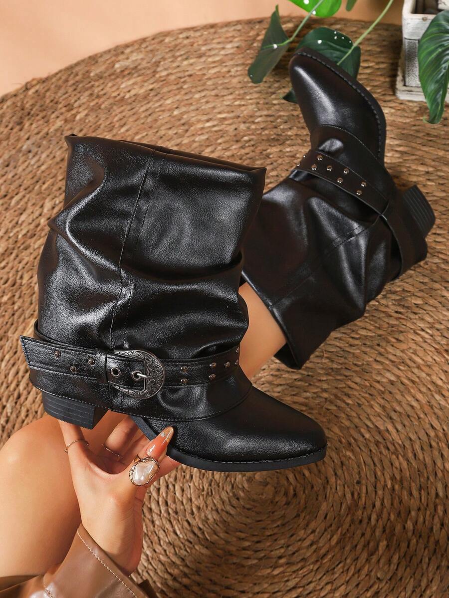 American Vintage Rivet Buckle Slouch Boots Women 2026 New Pointed Toe Chunky Heel Ruched Mid-Calf Western Boots Sexy Motorcycle Ankle Boots