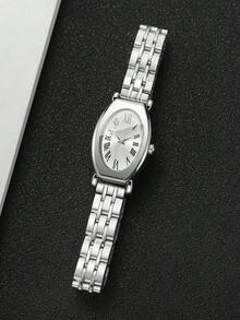 女款橢圓合金錶帶羅馬數字面盤休閒石英手錶，送女友禮物 (1件/套) 不含錶盒 - 銀色 - 查看 8