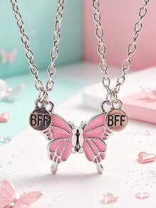 Back To School 2pcs Butterfly Magnetic Pendant Necklace For Girls, Cute Cartoon Colorful Butterfly BFF Necklace, Adjustable Geometric Jewelry Gift, Couple Necklace Accessories - one-size - View 6