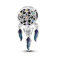 1pc S925 Sterling Silver Dreamcatcher Tassel Bead, Original Star Moon Heart Butterfly Hollow Pattern, Paired With Gradient Colorful Glazed Feathers And Colorful Zirconia, Romantic Bohemian Style, Suitable For Bracelet Necklace, Handmade DIY Jewelry Making Accessories, Symbolizing Protection Of Beautiful Dreams - Multicolor - View 18