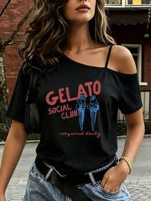T-shirt z krótkim rękawem na jedno ramię, nadruk z motywem lodów i Gelato Social, modny top z asymetrycznym paskiem na ramię, seksowny strój z odkrytymi ramionami, swobodny i wygodny. - Czarne - Zobacz 6