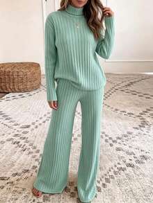 Blue Vertical Rib Knit Matching Set, Women Turtleneck Long Sleeve Top & Flare Leg Pants Soft Casual Loungewear Two Piece Outfit - Blue - View 5