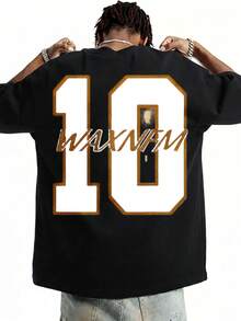 Oversized Street-Style Herren T-Shirt mit Nummer 10 und Waxnfm Textmuster, lässige Sommerkleidung für junge Modebegeisterte, auffällig - Schwarz - Übersicht 1