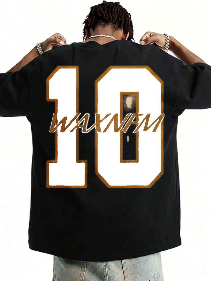 Oversized Street-Style Herren T-Shirt mit Nummer 10 und Waxnfm Textmuster, lässige Sommerkleidung für junge Modebegeisterte, auffällig - Schwarz - Übersicht 1