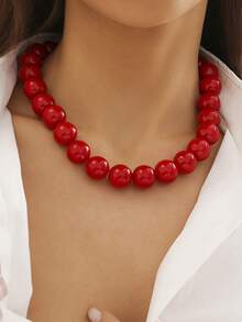 1pc Exaggerated Colorful Beaded Necklace, Fashion Geometric Round Bead Choker - Red - View 2
