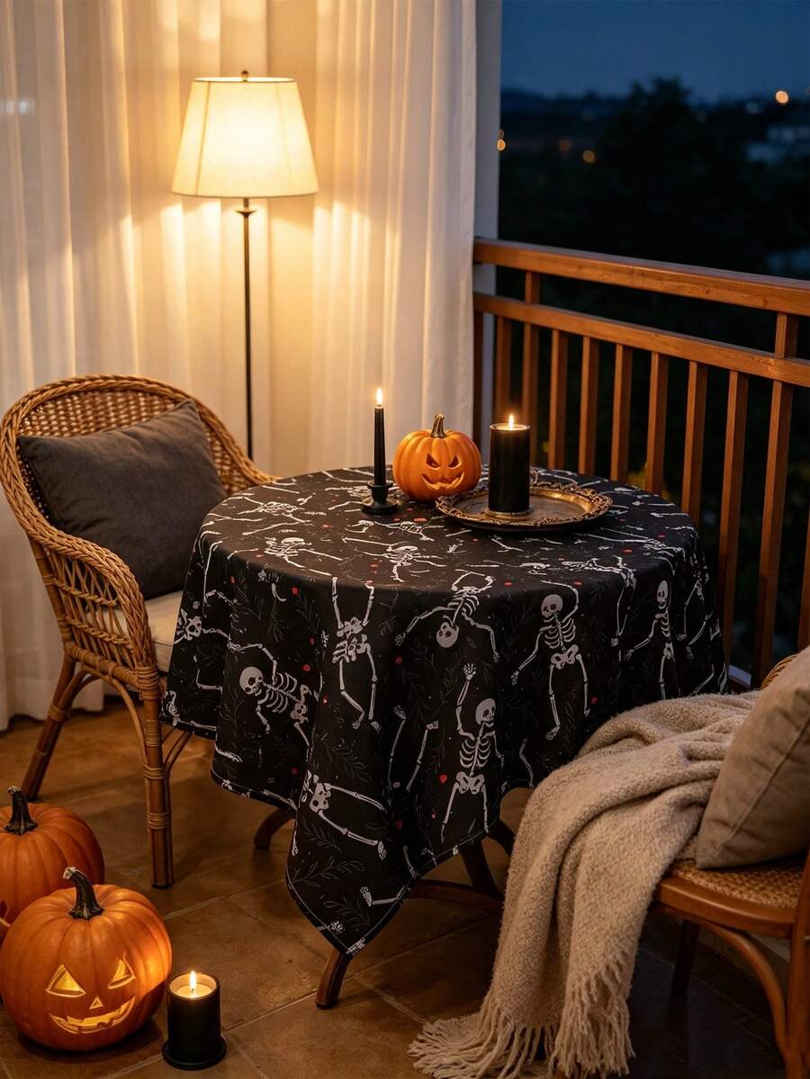 MineLain 1pc Halloween Party Tablecloth, Black, Skull Print Pattern, Rectangular Tablecloth, Washable, Tabletop Decoration, Holiday Decoration, Suitable For Halloween Event Decoration, Restaurant Decoration, Theme Party Decoration, Indoor And Outdoor Decor, Halloween Decoration - Black - View 1