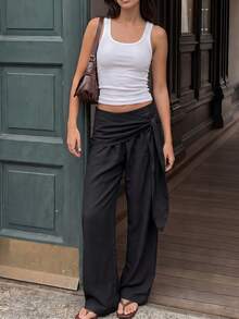 HoloChill bequeme Damen-Hose mit geradem Bein, gewebter Stoff mit modischem Gürtel, leicht elastisch, Sommer-Lässig 2026 neue Unterteile, Damen-Lässig-Outfits zum Ausgehen, Schulanfang, Homecoming, Herbst/Winter, französischer Stil - Schwarz - Übersicht 6