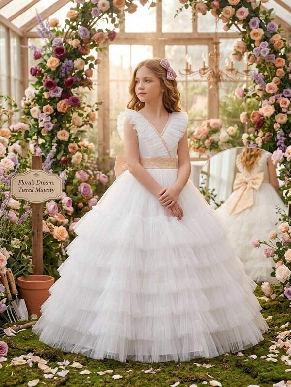 Tween Girls V-Neck Lace Bow White Mesh Luxury Flower Girl Tutu Dress, Suitable For Party, Headband Not Included
