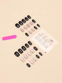 30pieces Press On Nails Short Square Black And Nude Pink Cat Eye Star Pattern With Rhinestone False Nails Set Including Jelly Glue And Nail File Suitable For Gatherings And Daily Use - 彩色 - 查看 3