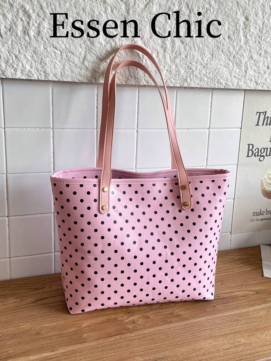 1件裝 粉色波點 PU 大容量托特包 女款單肩包 - 粉色 - 查看 1