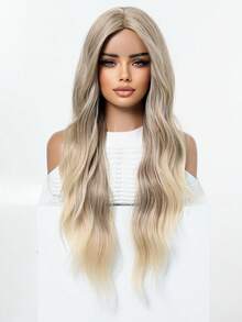 Peluca larga y voluminosa de 28 pulgadas en rosa empolvado, con cabello ondulado y rizado en capas fluidas, raya central natural, cabello sintético suave y sin frizz, gorra suave y flexible, adecuada para actualización de peinado, discoteca, estilo hip-hop, peluca extra larga popular y romántica para mujeres - Dorado - Ver 3