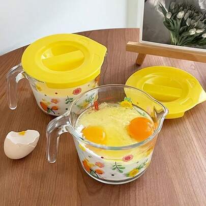 1pc Lidded Floral Glass Measuring Cup | Heat-Resistant & Microwave,  Ideal For Baking, Cooking, Serving Breakfast Milk And Beverages, Reusable With Handle And Clear Measurement Markings, Adorned With Vibrant Floral Patterns