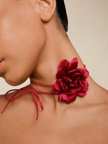 Altistry 1pc Elegant Floral Polyester Rope Necklace, Versatile For Daily Wear, Party, Date, Gift - 30672-nek-red - View 3