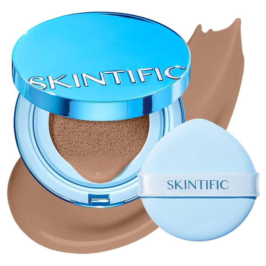 SKINTIFIC 藍色天鵝絨霧面氣墊粉底，全遮瑕，12小時控油，適合油性與混合肌膚，防水，持久，輕盈，保濕，不暈染
