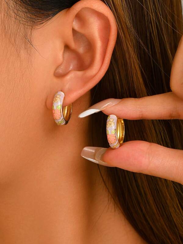 1 Pair Vintage Style Oil-Drip Floral Hoop Earrings, Colorful Enamel, For Women, Suitable For Party, Daily Wear And Holiday Gift