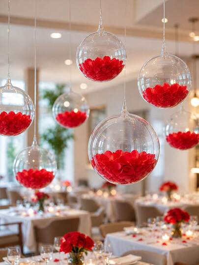 Transparent Spherical Decorative Balls With Red Rose Petals, Clear Hanging Bubble Balls, Wedding Party Decoration Ball Set, Birthday Party Balloon Decoration, Wedding Hanging Decoration, Valentine's Day Party Backdrop Decoration, Anniversary Decoration, Romantic Proposal Scene Arrangement