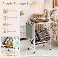 Rolling Record Player Stand With Vinyl Storage For 130 Albums, 2-Tier Turntable Table With Lockable Wheels, Metal Frame And Side Magazine Holder, White - Natural & White - View 2