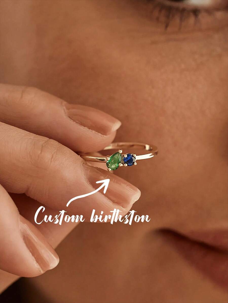 Anillo de doble gema personalizado, anillo de madre personalizado de oro con incrustación de gema delicada, regalo de joyería minimalista para la mejor amiga