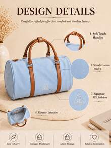 3CE Blue & Brown Canvas Travel Bag, Durable Canvas With Brown Leather Handles, Smooth Zipper Closure, Large Capacity, Lightweight Handheld, Daily Use - Blue-brown - View 6