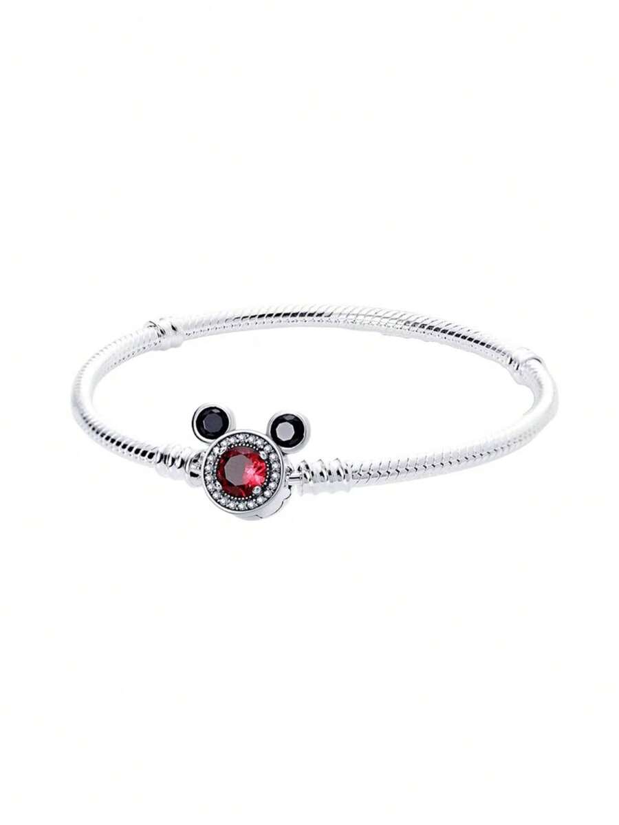 1pc S925 Sterling Silver Red Diamond Chain Link Snake Bone Bracelet, DIY Compatible With Pendant Beads, Perfect For Girls' Daily Wear - Red - View 1