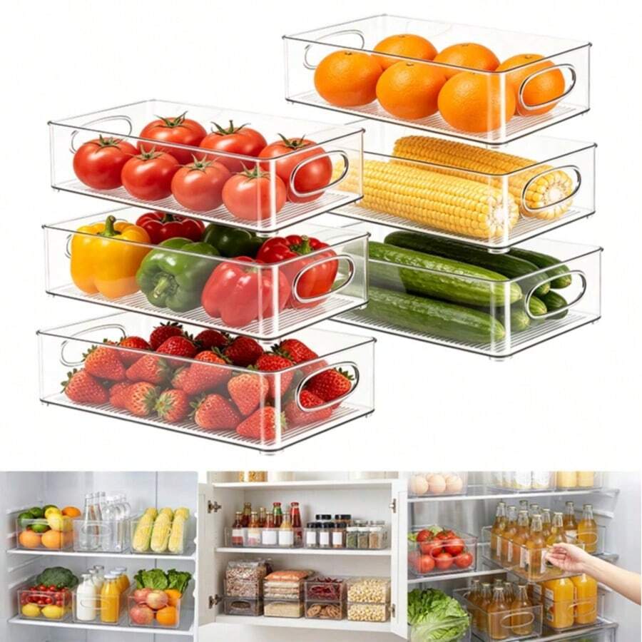 Stackable 6pcs 3 Size, Clear Bins With Handle, Non-Slip Base. Kitchen Storage Containers For Fruit And Vegetable, Fridge Organizer, Pantry Drawer - View 1