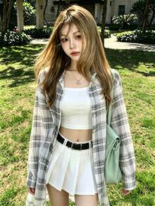 1件女款紫色格紋長袖襯衫，適合疊穿與秋季穿搭，休閒寬鬆外套上衣 - 白色 - 查看 2