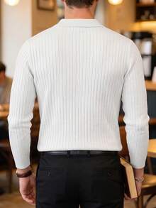 ALTZTAR Men's Loose Thin Long Sleeve Ribbed Knit Polo Shirt, Simple Fashionable Style, Suitable For Daily Commute In Spring And Autumn - White - View 2