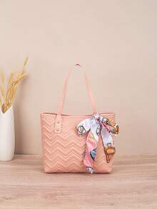 1pc Quilted Diamond Embroidered Tote Bag With Scarf Decoration, Large Capacity, Lightweight, Versatile For Commuting - Pink - View 3