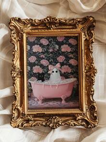 1pc, Canvas Wall Art With Frame, Wall Decor Printed With Neon Slogan "Live Well, Laugh Loud, Bubble Bath Time", Featuring Cute Pink Bow Ghost, Black Cat And Vintage Bathtub Pattern, Sweet Cool Gothic Halloween Atmosphere Wall Poster; Suitable For Modern Home Decor, Room Decor, Dorm Decor, Bedroom Decor, Living Room Decor, Bathroom Decor - Bathroom Ghost - View 6