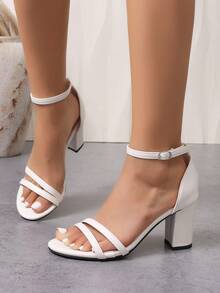 Summer New Minimalist White Thin Strap Chunky Heel Sandals Women Open Toe Buckle High Heels Commute Date Versatile Style - White - View 8