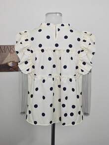 Sweet Polka Dot Cap Sleeve Blouse, Summer Unique Design Frill Trim Loose Casual Top For Women - Apricot - View 10