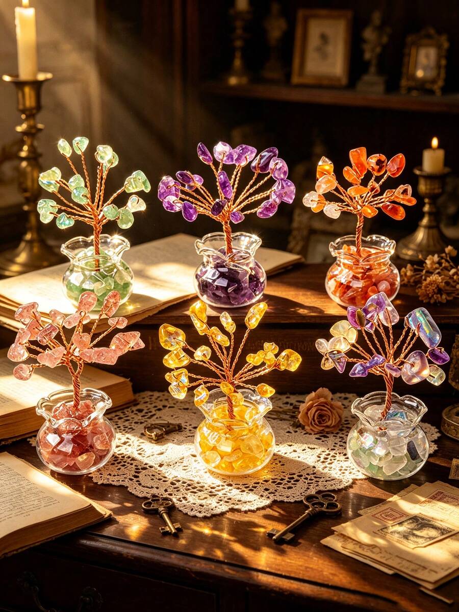 1pc Natural Crystal Tree Of Life Ornament, Handmade Healing Gemstone Wealth Tree, Suitable For Car, Home, Bedroom, Study, Living Room And Office Lucky Craft, Perfect Gift For Women