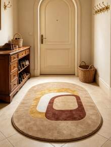 1pc Brown Colorblock Oval Rug, Thickened Natural Wood Style Decorative Carpet, Bedroom Decor, Home Decor - Multicolor - View 4