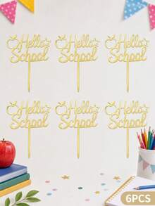 3/6/9入 金色鏡面 Hello School 壓克力蛋糕插牌，蘋果星星校園風蛋糕插飾，返校季烘焙用品，甜點桌裝飾，學生開學季派對裝飾禮物 - A - 查看 11