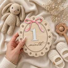 Baby Girl Monthly Milestone Marker, 8 Inch Large Wooden Disc With Pink Bow And Carved Daisy Lace Pattern, 1-12 Months Interchangeable Numbers, Double-Sided Design - Wood Color - View 5