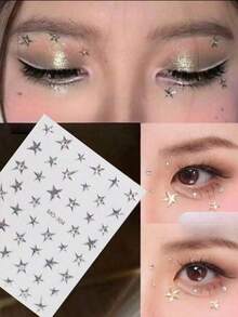 1件金色五角星臉部貼紙，舞台妝容亮片星形貼紙，自黏免膠眼妝水鑽裝飾，音樂節派對表演妝容美甲通用，亮片星形貼紙，打造清透氛圍妝容造型 - 銀色 - 查看 1