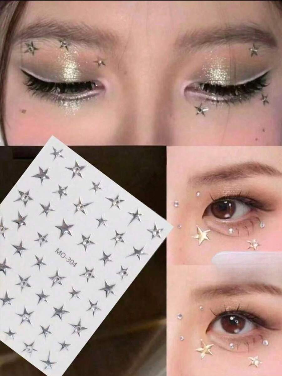 1件金色五角星臉部貼紙，舞台妝容亮片星形貼紙，自黏免膠眼妝水鑽裝飾，音樂節派對表演妝容美甲通用，亮片星形貼紙，打造清透氛圍妝容造型 - 銀色 - 查看 1