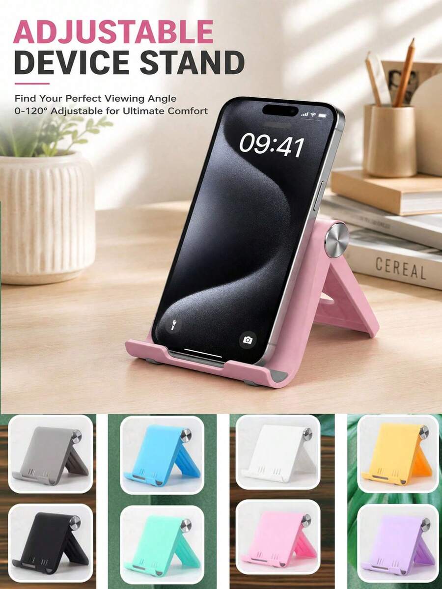 1pc Premium ABS Desktop Phone Stand - Compact, Portable, Foldable, Non-Slip And Durable. Minimalist Aesthetic Design With 8 Fashionable Soft Solid Color Options; Features Stable Triangular Unfolding Structure, Polished Metal Rotating Knob And Anti-Scratch Soft Silicone Pad; Supports 0-120° Angle Adjustment, Effectively Relieves Neck Fatigue, Frees Hands, Stable And Shake-Free.