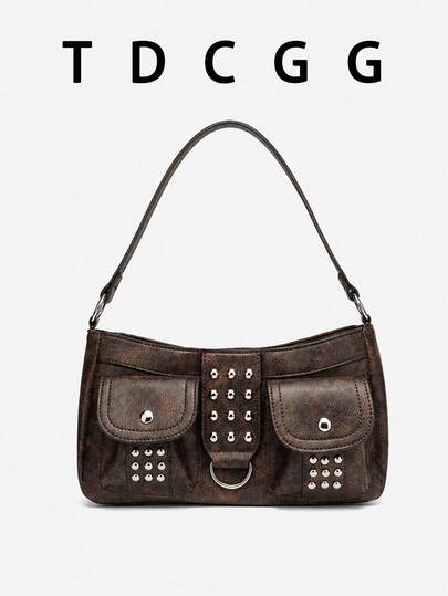 1pc Brown Y2K Retro PU Leather Baguette Bag, Rivet Punk Style Underarm Shoulder Handbag With Flap Pocket, For Women's Daily Use