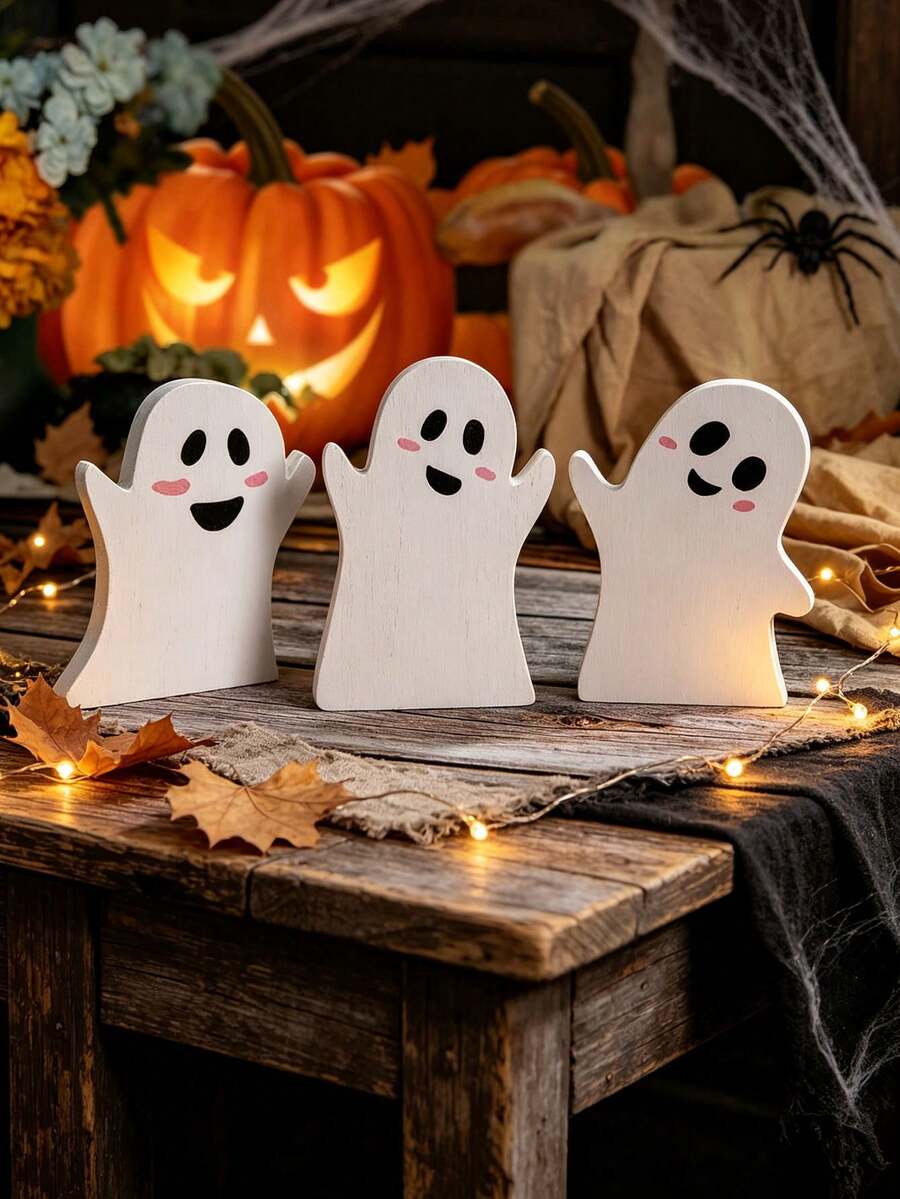 3 Sets Of Halloween Ghost Decorations-Cute Indoor Ghost Decorations,PVC Multi-Layer Tray Decoration Table Cards Set,Halloween Table Decorations For Witches Brooms,Pumpkins,Bats,Suitable For Party,Home Shelves Display,Birthday Gifts,Room Decor - A - View 1