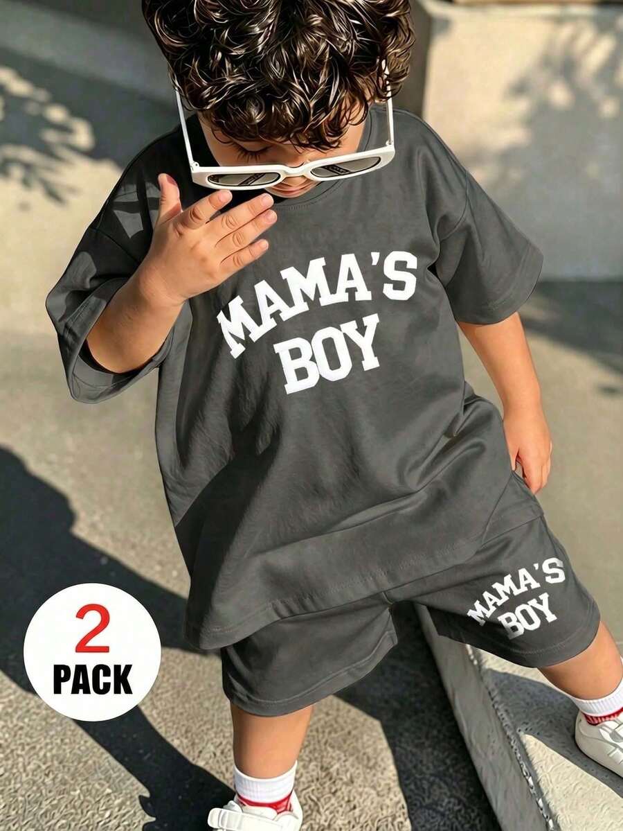 2pcs Young Boy Print Short Sleeve T-Shirt + Shorts Set, Comfortable Breathable Soft Casual Wear, Loose Holiday Children's Clothing - Dark Grey - View 1