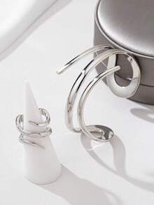 1 Set (1 pieza Pulsera de línea geométrica dorada y 1 pieza Anillo grueso de línea geométrica) - Plateado - Ver 2