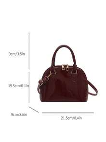 Fashionable Retro Solid Color Glossy Shell-Shaped Double Handle Dome Handbag, Minimalist Design, Zipper Shoulder Bag, Solid Color PU Leather Crossbody Bag, Portable Top Handle Handbag - Burgundy - View 2