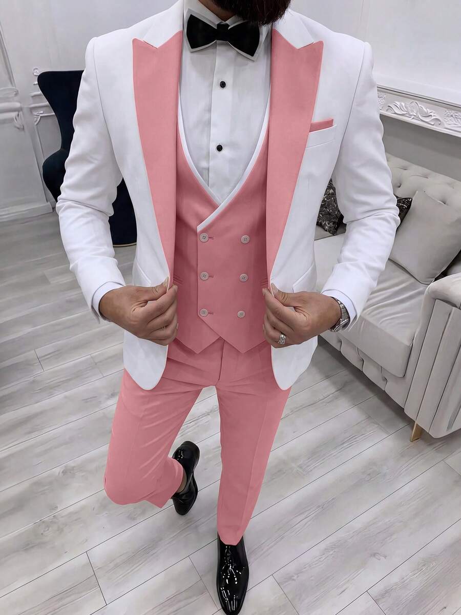 Men's Suits Tuxedo Double Breasted Blazer Dress Prom Tuxedos For Business Wedding Party Grooms 3 Pieces Set Jacket Vest & Pant - 粉色 - 查看 1
