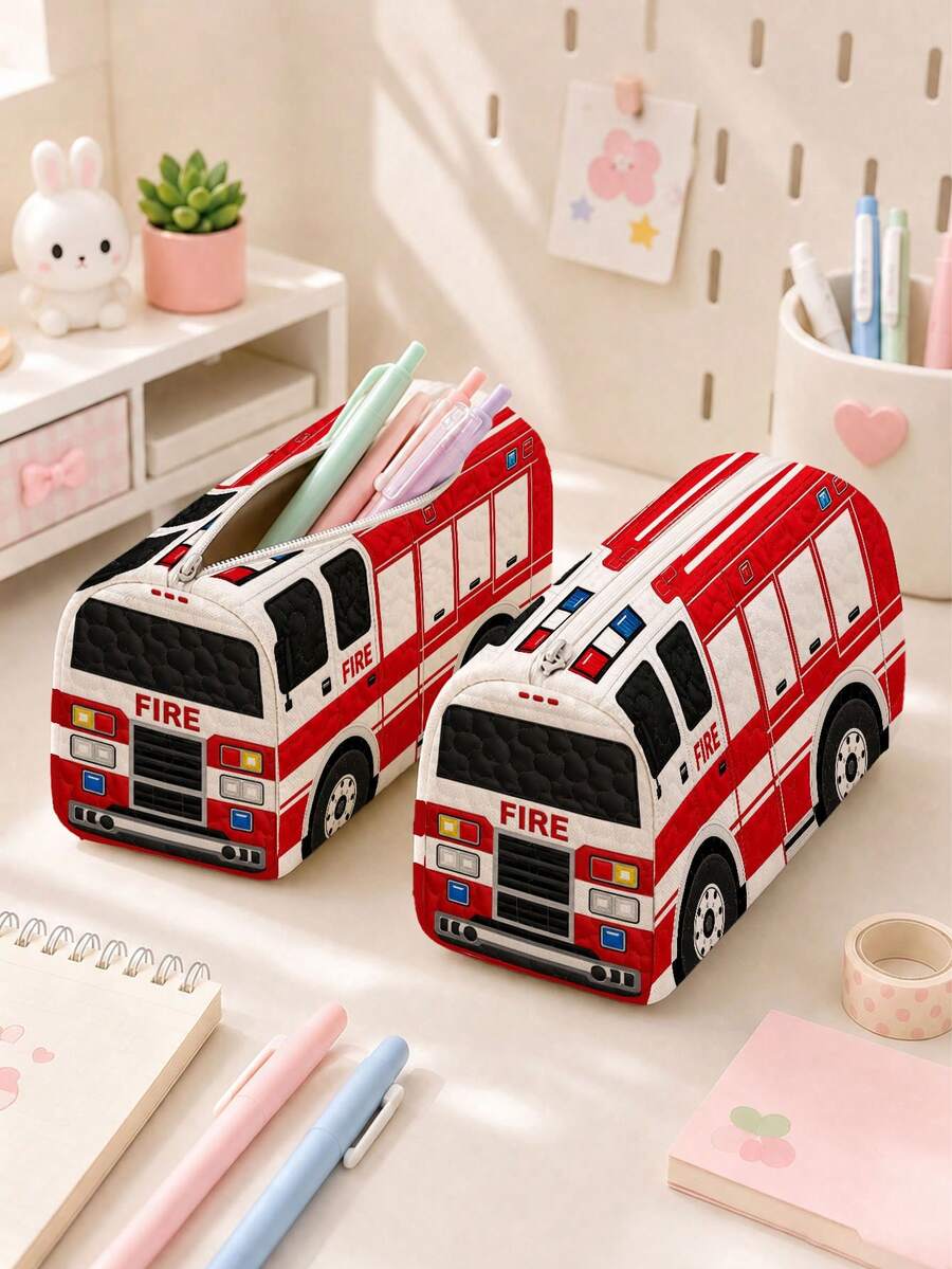 校園風「FIRE BUS」圖案鉛筆袋/文具收納袋-多功能大容量設計,可用於存放辦公用品、創意多功能鉛筆袋或便攜旅行化妝包,適合學生與成人日常使用,滿足文具收納、日常整理、過夜旅行、度假與健身房收納需求,開學必備宿舍用品(2D圖案,非刺繡) - 多色 - 查看 1