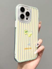 1pc Fresh Striped Orange Slice Wine Glass Slogan Pattern Colorblock 3-In-1 Green Soft Phone Case Compatible With IPhone 11/12/13/14/15/16 Pro Max - Multicolor - View 4