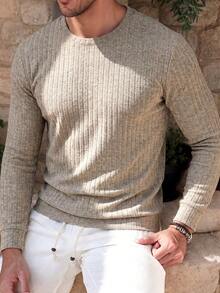 Men's Vertical Ribbed Textured Crew Neck Long Sleeve Knit Sweater, Casual Fashion Pullover Top - Khaki - View 1