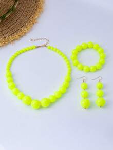 4pcs Bohemian Style Acrylic Beaded Necklace, Bracelet, Earrings Set Suitable For Beach, Vacation, Party, Banquet, Daily Wear - Neon Green - View 3